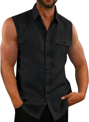 Bbalizko Mens Sleeveless Button Down Shirts Linen Cotton Summer Beach Basic Tank T-Shirt Tops