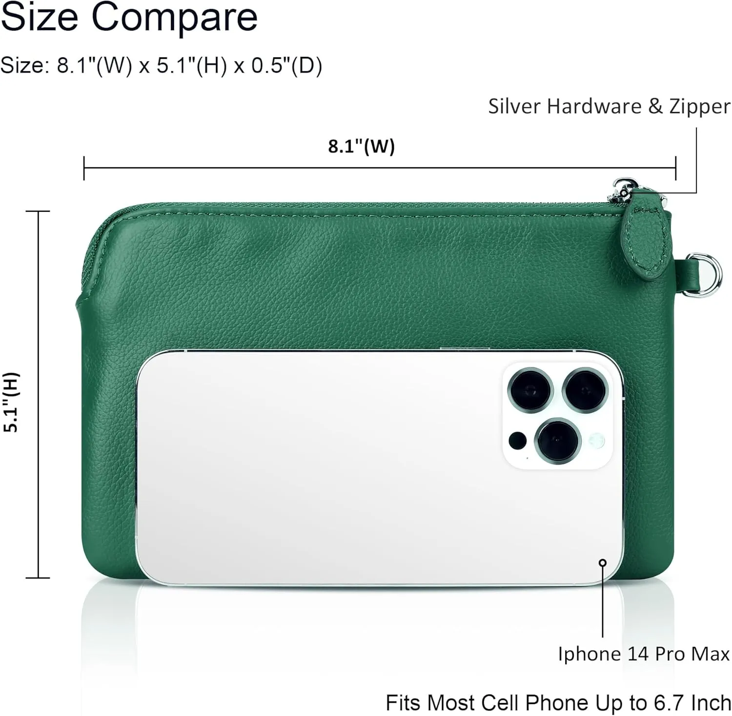 befen Women's Genuine Leather Wristlet Clutch Purse Ladies Slim Corner Zip Wallets, Silver Zipper