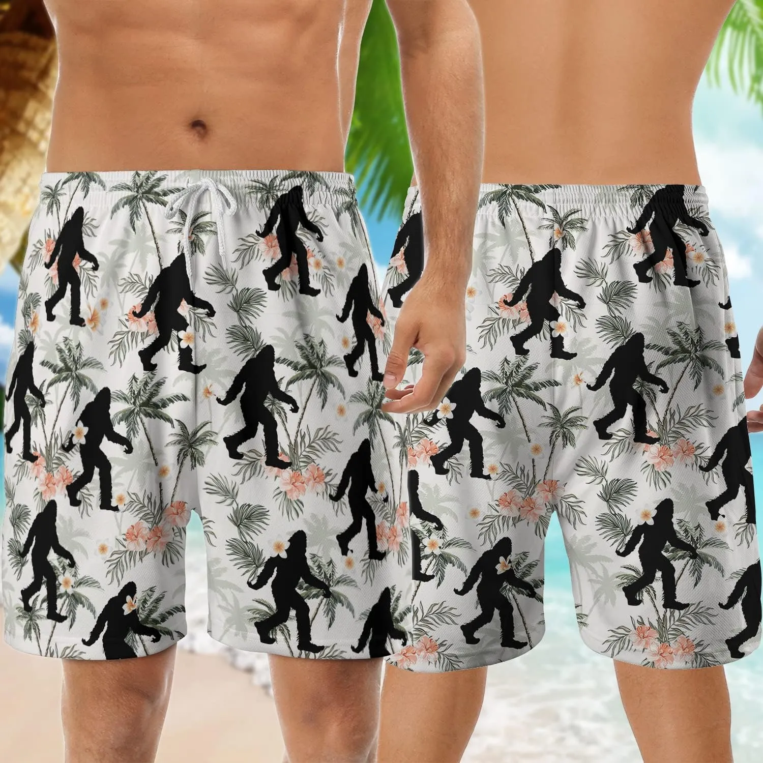 Bigfoot Men's Quick Dry - Sasquatch Hawaiian Shorts for Men - Beach Shorts Swim Trunks Set 14 (TND-LN-14)