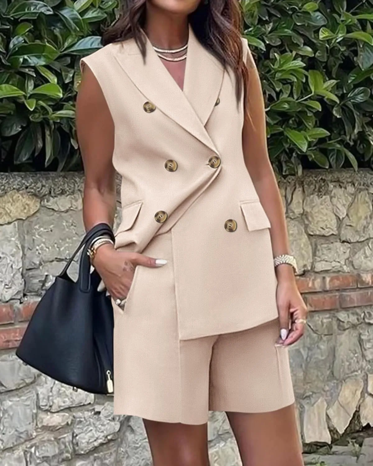 Blazer Sets Women 2 Piece Outfits Work Office Business Casual Shorts and Sleeveless V Neck Button Down Blazers Vest