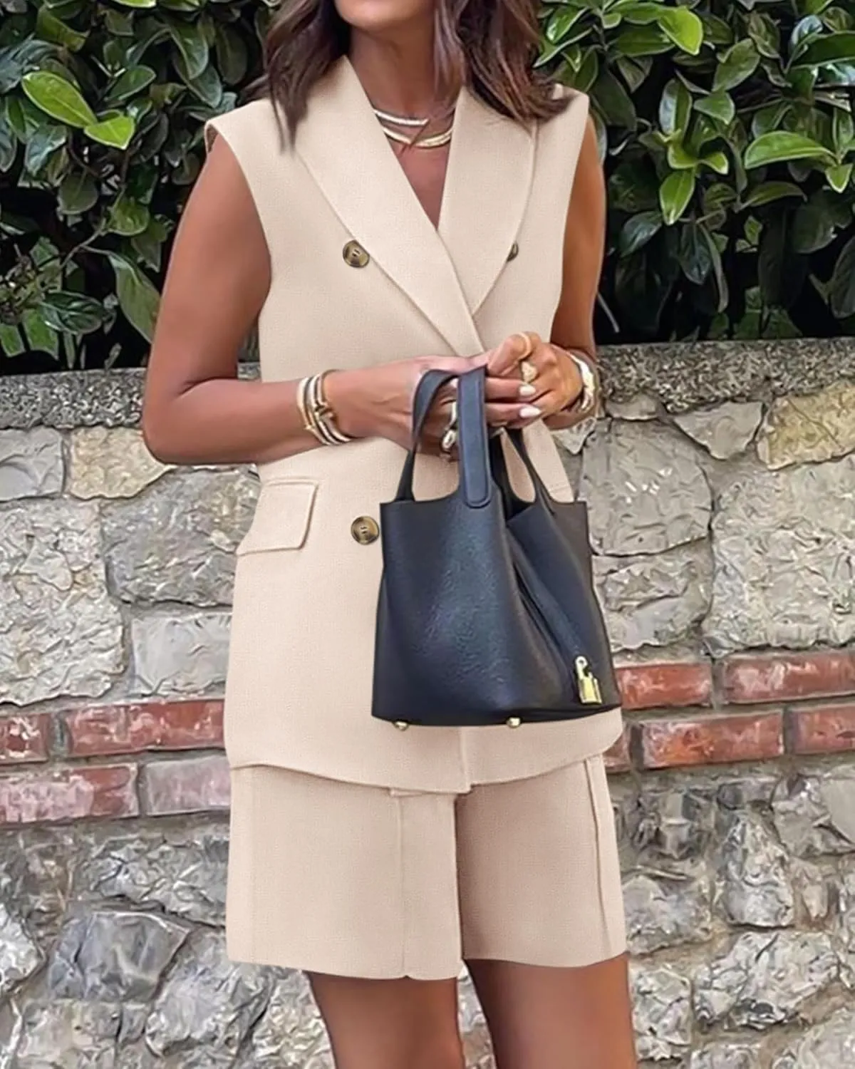 Blazer Sets Women 2 Piece Outfits Work Office Business Casual Shorts and Sleeveless V Neck Button Down Blazers Vest