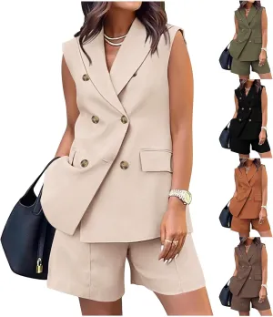 Blazer Sets Women 2 Piece Outfits Work Office Business Casual Shorts and Sleeveless V Neck Button Down Blazers Vest