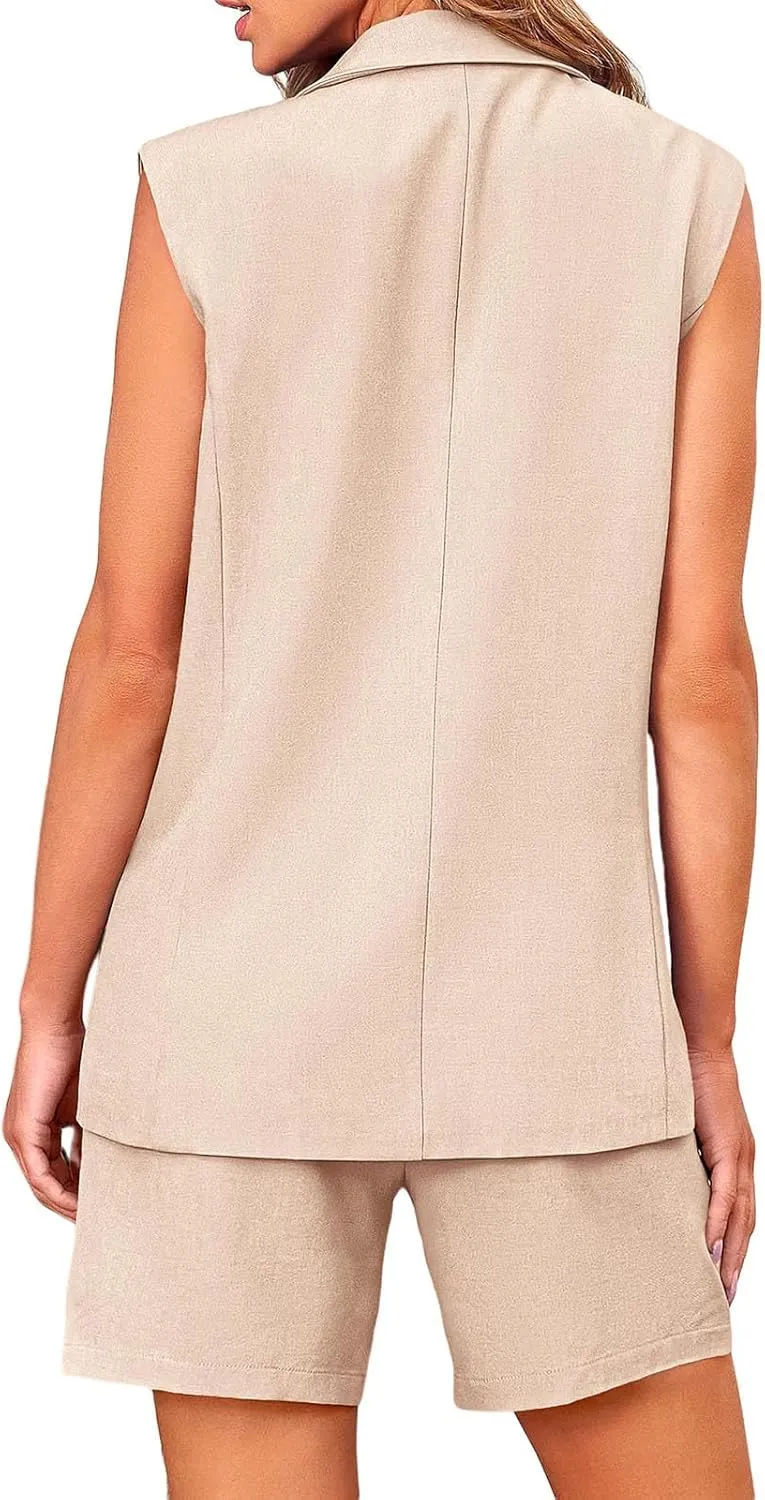 Blazer Sets Women 2 Piece Outfits Work Office Business Casual Shorts and Sleeveless V Neck Button Down Blazers Vest