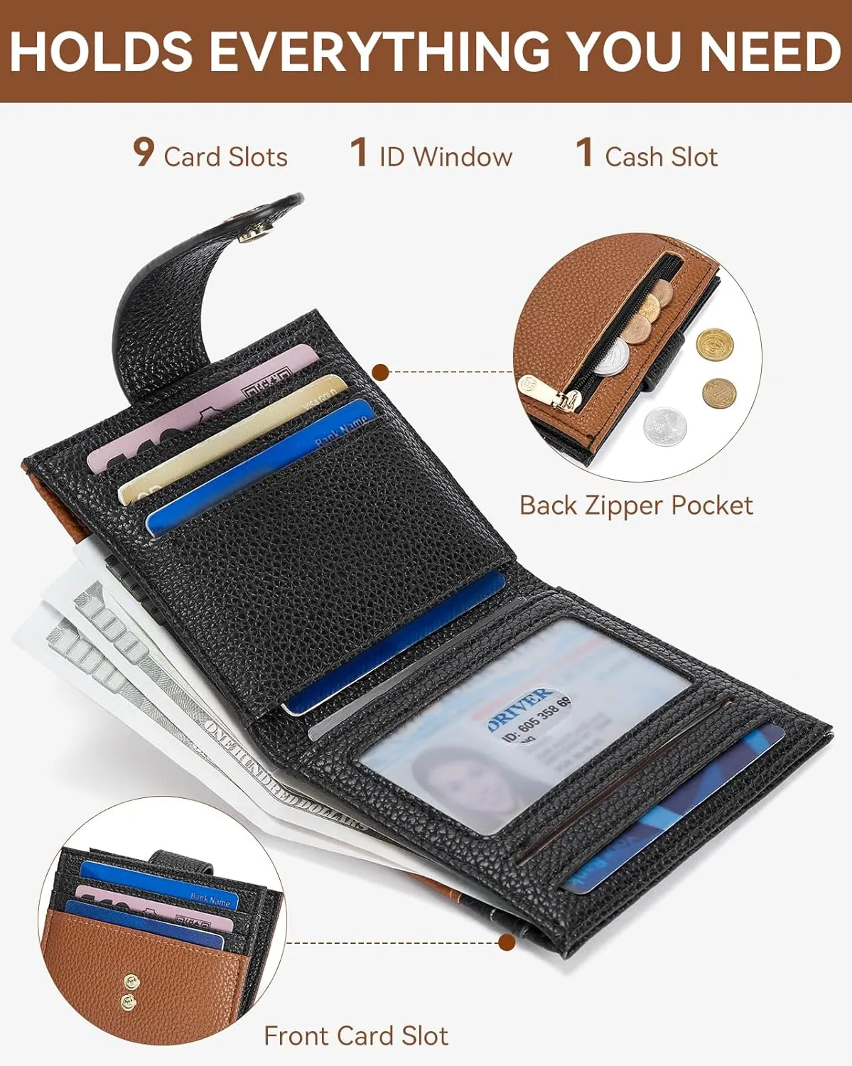 BOSTANTEN Slim Wallet for Women Small RFID Blocking Credit Card Holder Leather Bifold Wallets with Zipper Coin Pocket BlackBrown