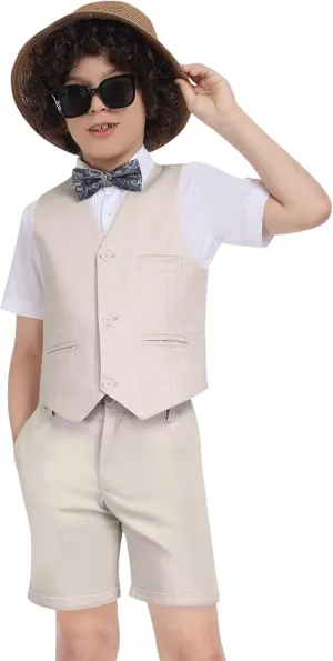 Boys Linen Suit Summer 3 Pieces Slim Fit Kids Suits Beach Wedding Outfit Vest Shorts Shirt Set and Bow Tie