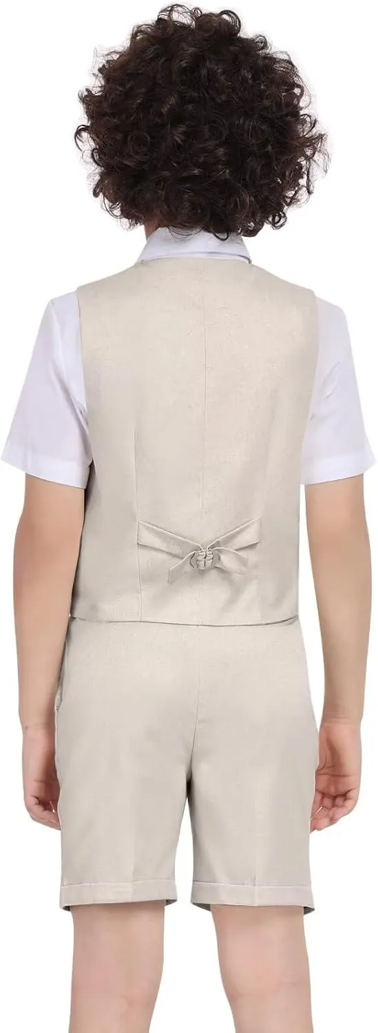 Boys Linen Suit Summer 3 Pieces Slim Fit Kids Suits Beach Wedding Outfit Vest Shorts Shirt Set and Bow Tie