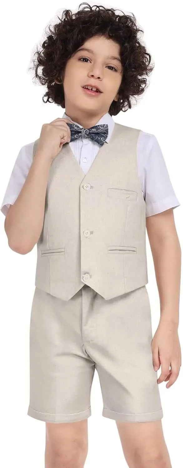 Boys Linen Suit Summer 3 Pieces Slim Fit Kids Suits Beach Wedding Outfit Vest Shorts Shirt Set and Bow Tie