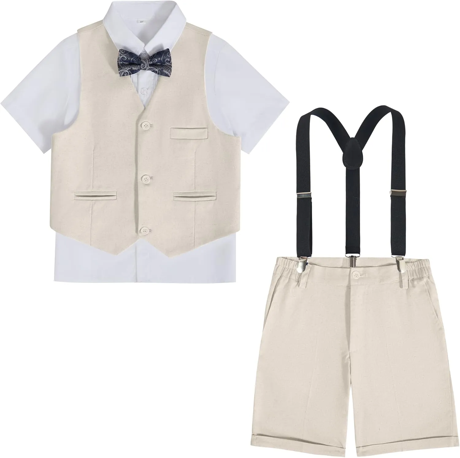 Boys Linen Suit Summer 3 Pieces Slim Fit Kids Suits Beach Wedding Outfit Vest Shorts Shirt Set and Bow Tie