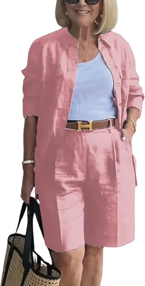 Casual 2 Piece Outfits Linen Blazer Shorts Set for Women Plus Size Solid Color Pants Suits with Pockets