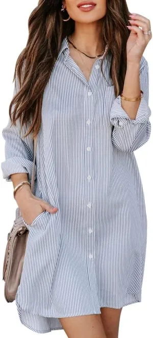 chouyatou Women's Casual Loose Fit Long Sleeve Solid Striped Button Down Shirts Dresses