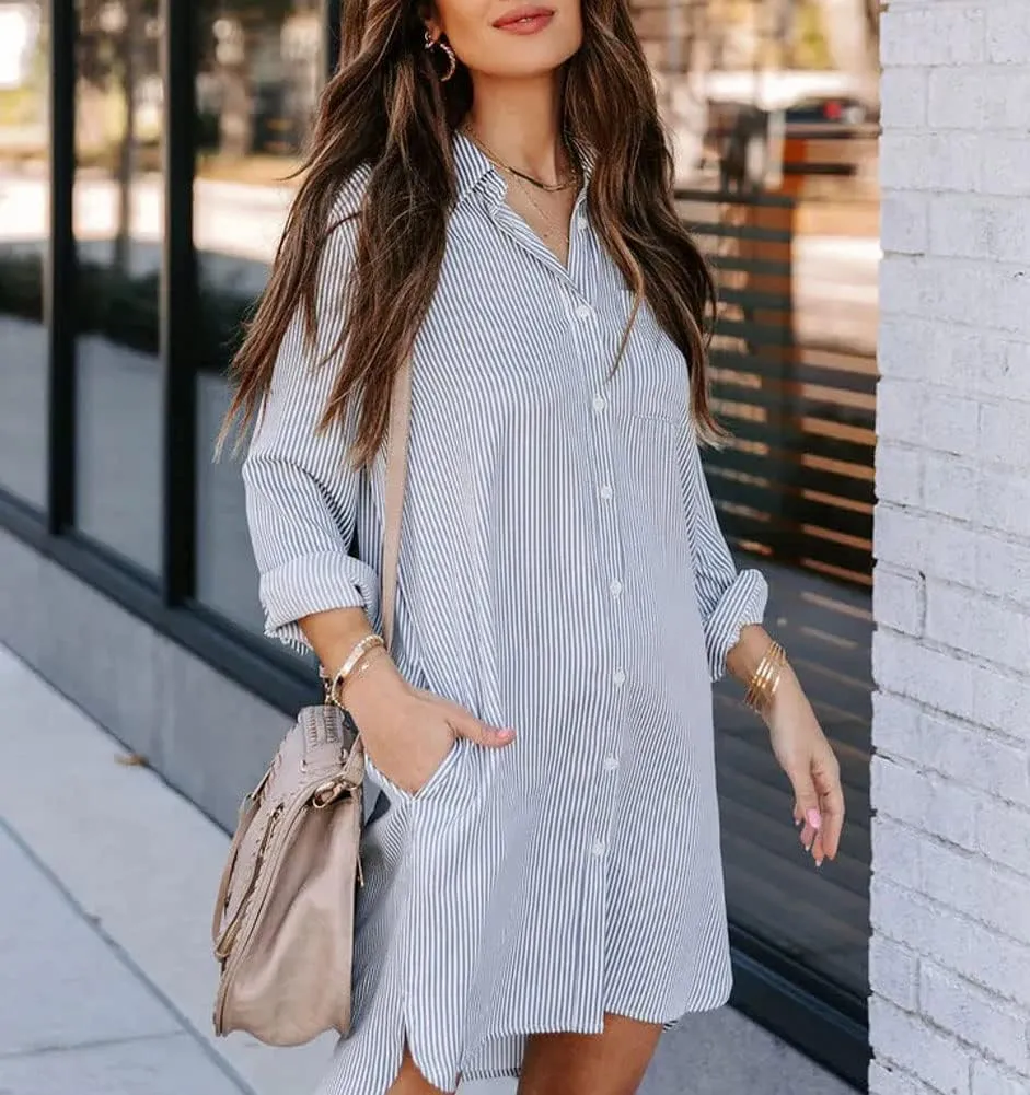chouyatou Women's Casual Loose Fit Long Sleeve Solid Striped Button Down Shirts Dresses
