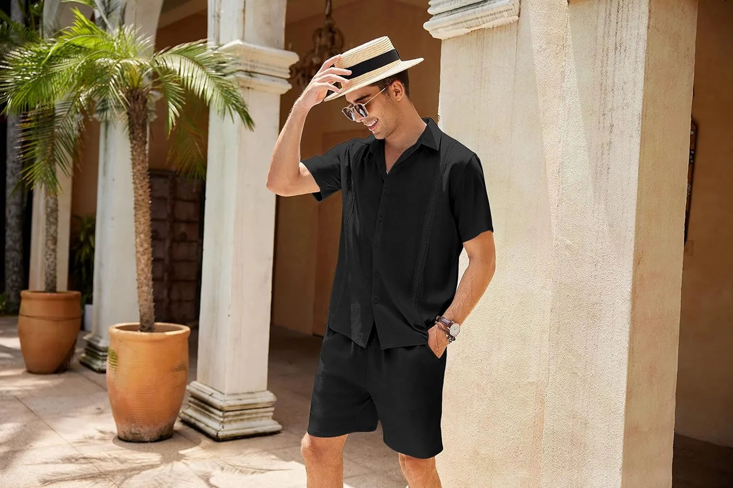 COOFANDY Men's 2 Pieces Linen Set Short Sleeve Button Down Shirts Summer Beach Shorts Casual Outfits