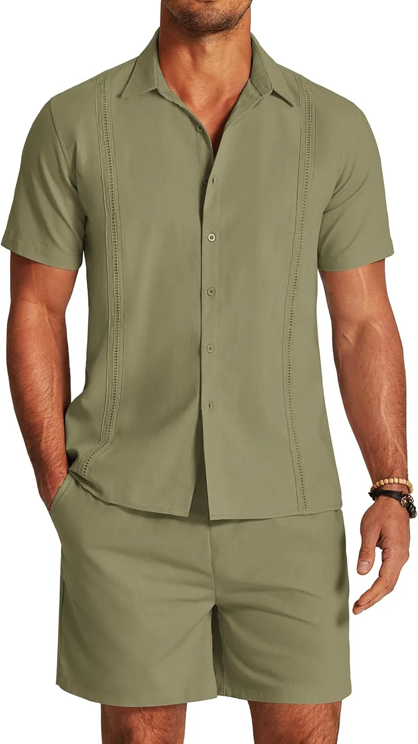 COOFANDY Men's 2 Pieces Linen Set Short Sleeve Button Down Shirts Summer Beach Shorts Casual Outfits