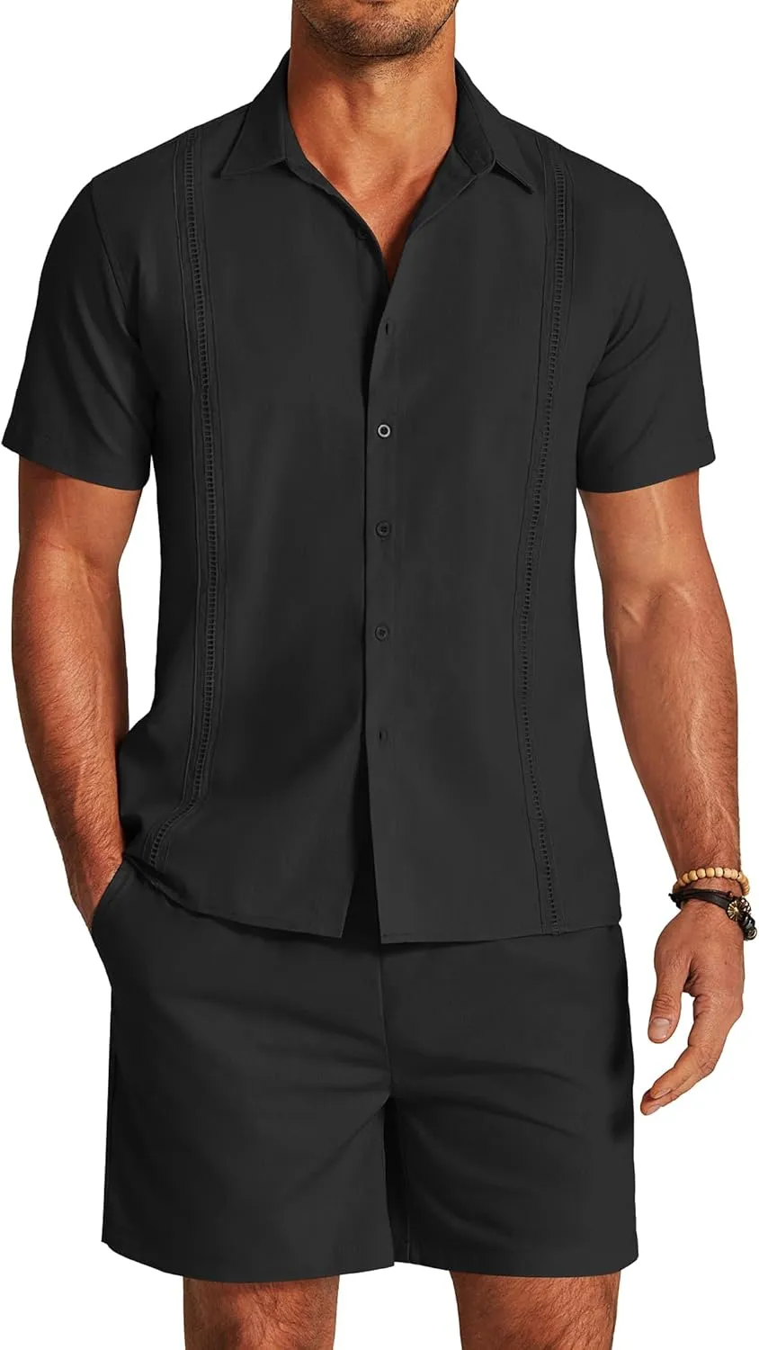 COOFANDY Men's 2 Pieces Linen Set Short Sleeve Button Down Shirts Summer Beach Shorts Casual Outfits