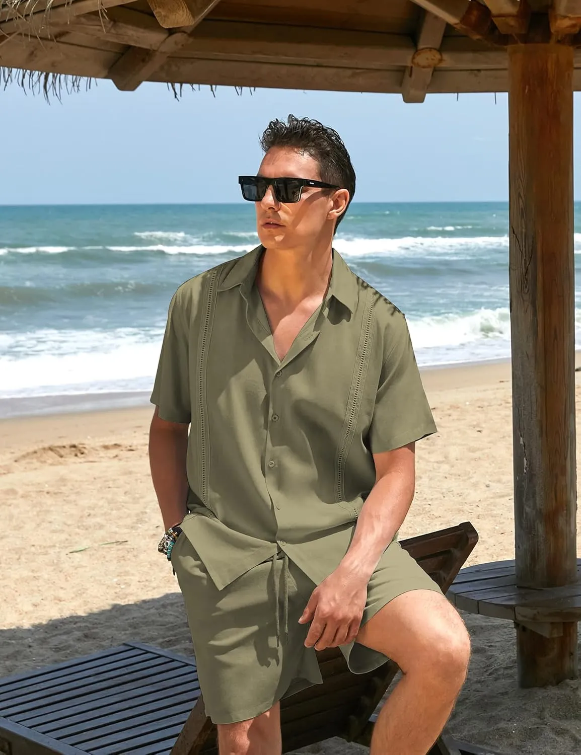 COOFANDY Men's 2 Pieces Linen Set Short Sleeve Button Down Shirts Summer Beach Shorts Casual Outfits