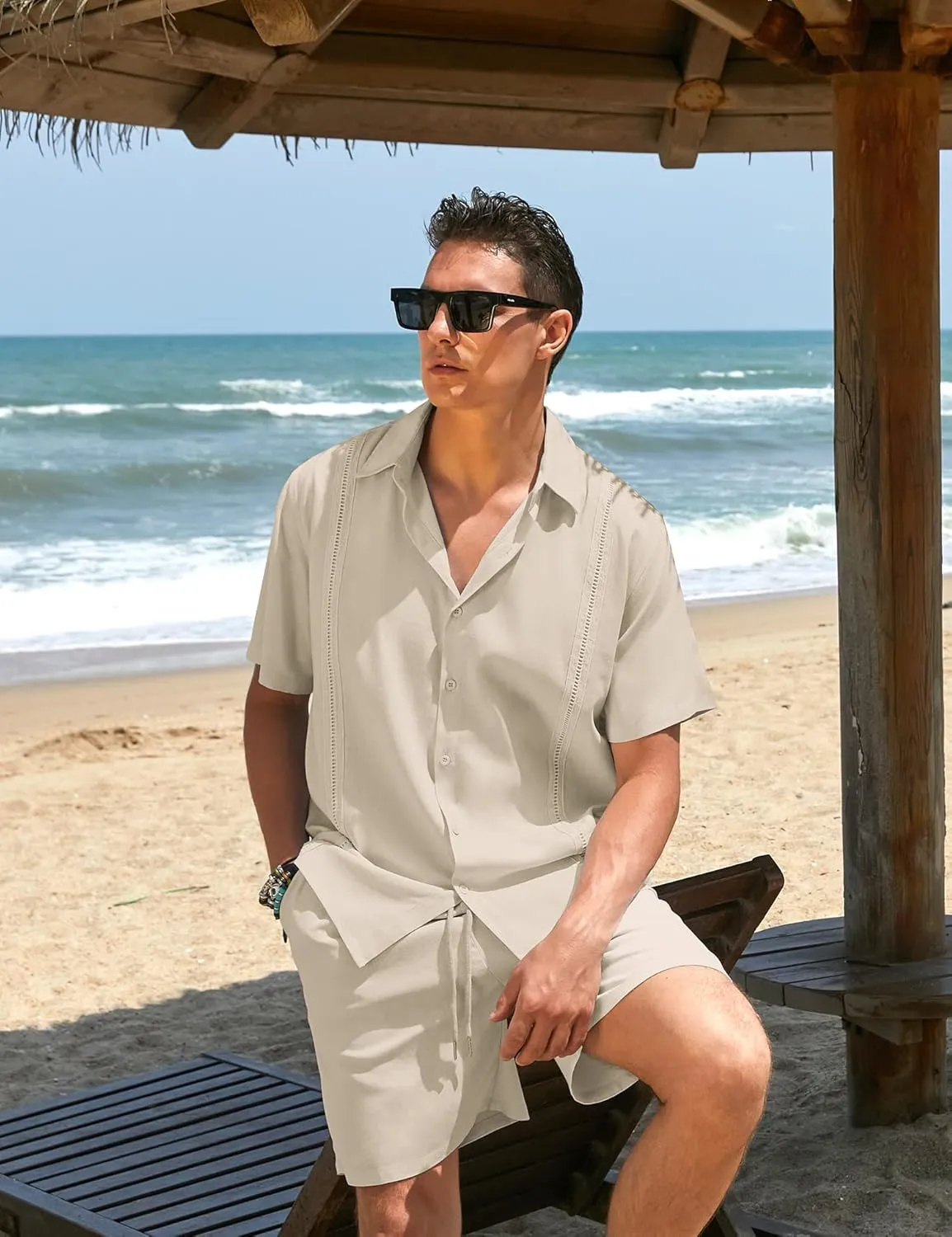 COOFANDY Men's 2 Pieces Linen Set Short Sleeve Button Down Shirts Summer Beach Shorts Casual Outfits