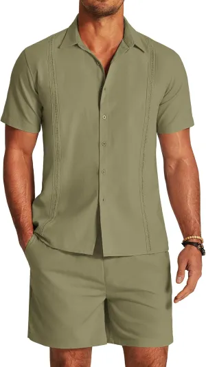 COOFANDY Men's 2 Pieces Linen Set Short Sleeve Button Down Shirts Summer Beach Shorts Casual Outfits