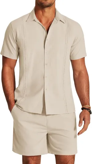 COOFANDY Men's 2 Pieces Linen Set Short Sleeve Button Down Shirts Summer Beach Shorts Casual Outfits