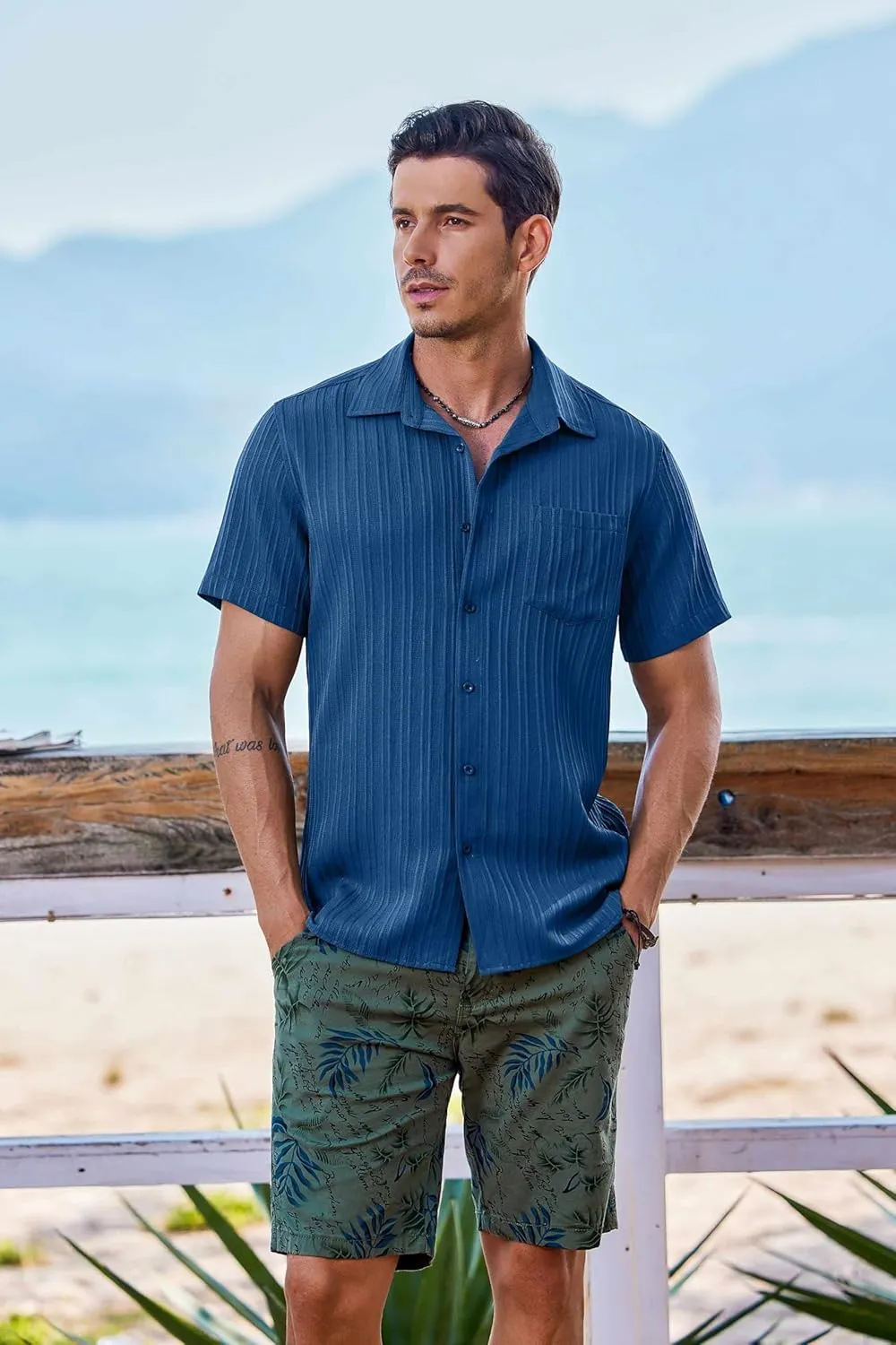 COOFANDY Men's Short Sleeve Casual Button Down Shirts Textured Summer Beach Shirt with Pocket