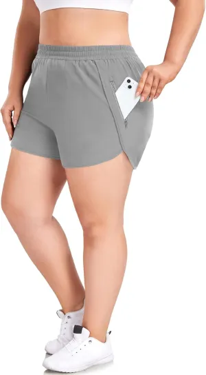 COOTRY Women's Athletic Shorts Plus Size High Waisted Quick Dry Gym Running Workout Clothes with Zip Pockets 3 Inch