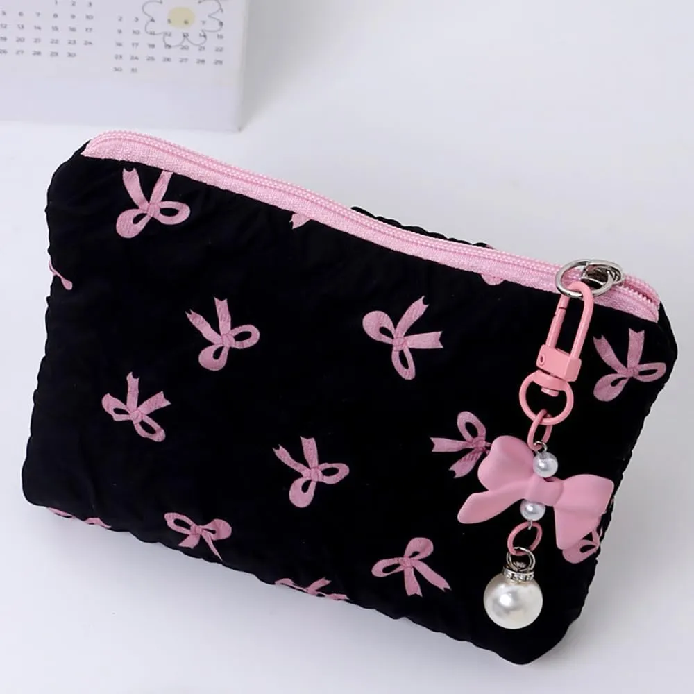 Coquette Floral Bow Makeup Bag, Quilted Bow Cosmetic Bag Small Travel Aesthetic Pleated Make up Bag Cute Toiletry Bag for Women Girls (Black)