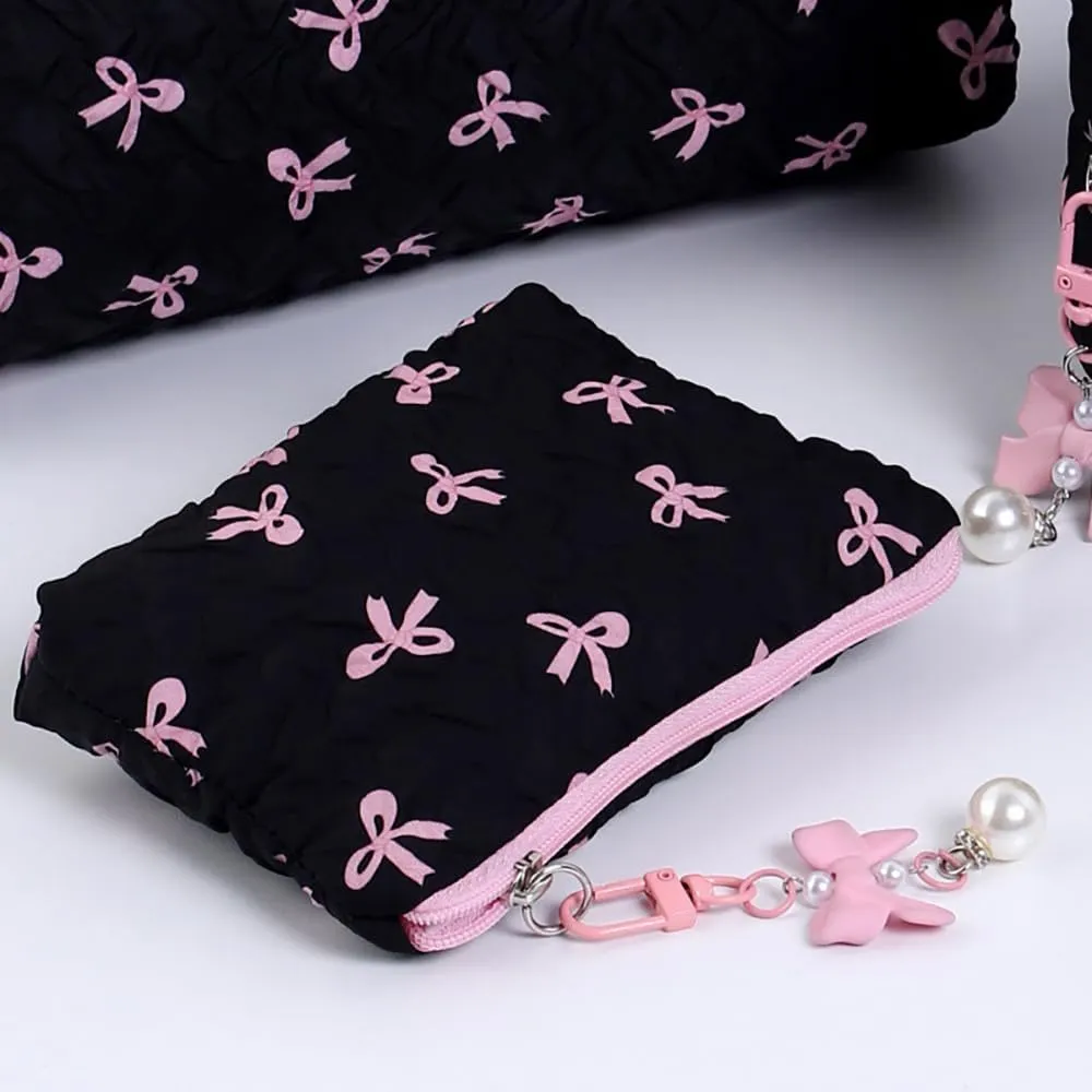Coquette Floral Bow Makeup Bag, Quilted Bow Cosmetic Bag Small Travel Aesthetic Pleated Make up Bag Cute Toiletry Bag for Women Girls (Black)