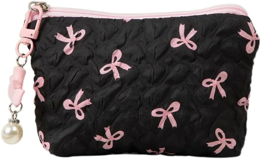 Coquette Floral Bow Makeup Bag, Quilted Bow Cosmetic Bag Small Travel Aesthetic Pleated Make up Bag Cute Toiletry Bag for Women Girls (Black)