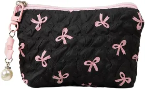 Coquette Floral Bow Makeup Bag, Quilted Bow Cosmetic Bag Small Travel Aesthetic Pleated Make up Bag Cute Toiletry Bag for Women Girls (Black)