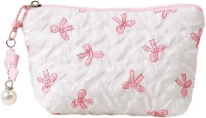 Coquette Floral Bow Makeup Bag, Quilted Bow Cosmetic Bag Small Travel Aesthetic Pleated Make up Bag Cute Toiletry Bag for Women Girls (Pink)