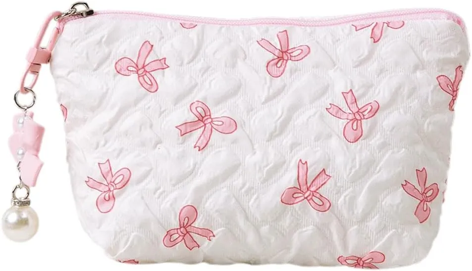 Coquette Floral Bow Makeup Bag, Quilted Bow Cosmetic Bag Small Travel Aesthetic Pleated Make up Bag Cute Toiletry Bag for Women Girls (Pink)