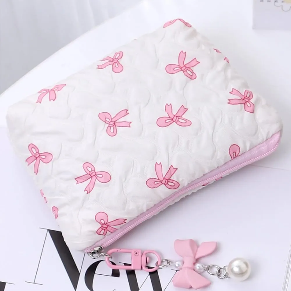 Coquette Floral Bow Makeup Bag, Quilted Bow Cosmetic Bag Small Travel Aesthetic Pleated Make up Bag Cute Toiletry Bag for Women Girls (Pink)