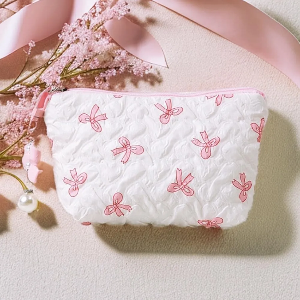 Coquette Floral Bow Makeup Bag, Quilted Bow Cosmetic Bag Small Travel Aesthetic Pleated Make up Bag Cute Toiletry Bag for Women Girls (Pink)