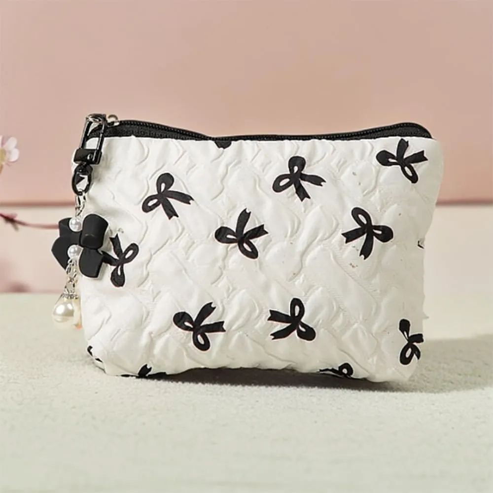 Coquette Floral Bow Makeup Bag, Quilted Bow Cosmetic Bag Small Travel Aesthetic Pleated Make up Bag Cute Toiletry Bag for Women Girls (White)