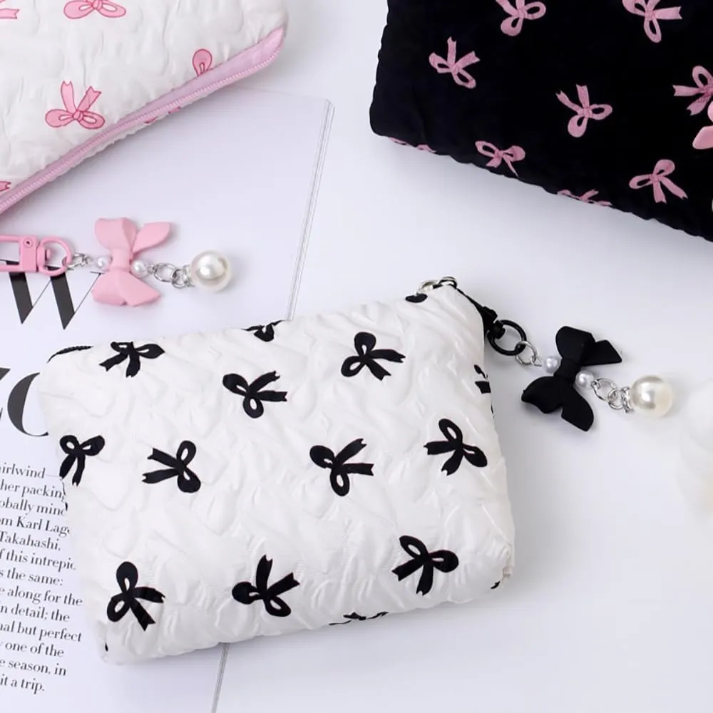 Coquette Floral Bow Makeup Bag, Quilted Bow Cosmetic Bag Small Travel Aesthetic Pleated Make up Bag Cute Toiletry Bag for Women Girls (White)