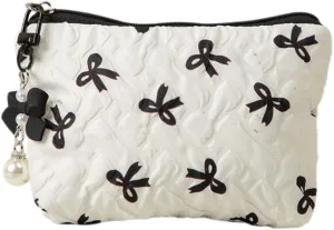 Coquette Floral Bow Makeup Bag, Quilted Bow Cosmetic Bag Small Travel Aesthetic Pleated Make up Bag Cute Toiletry Bag for Women Girls (White)