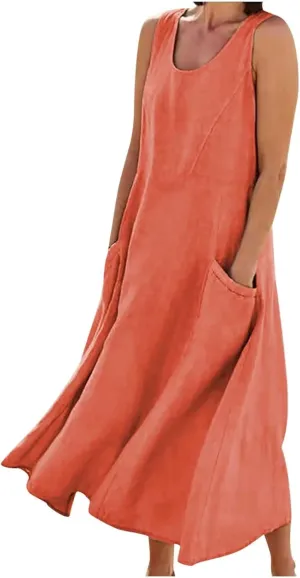 Cotton Line Dresses for Women 2023 Casual Summer Sleeveless Beach Flowy Sundress with Pockets Loose Tank Dress