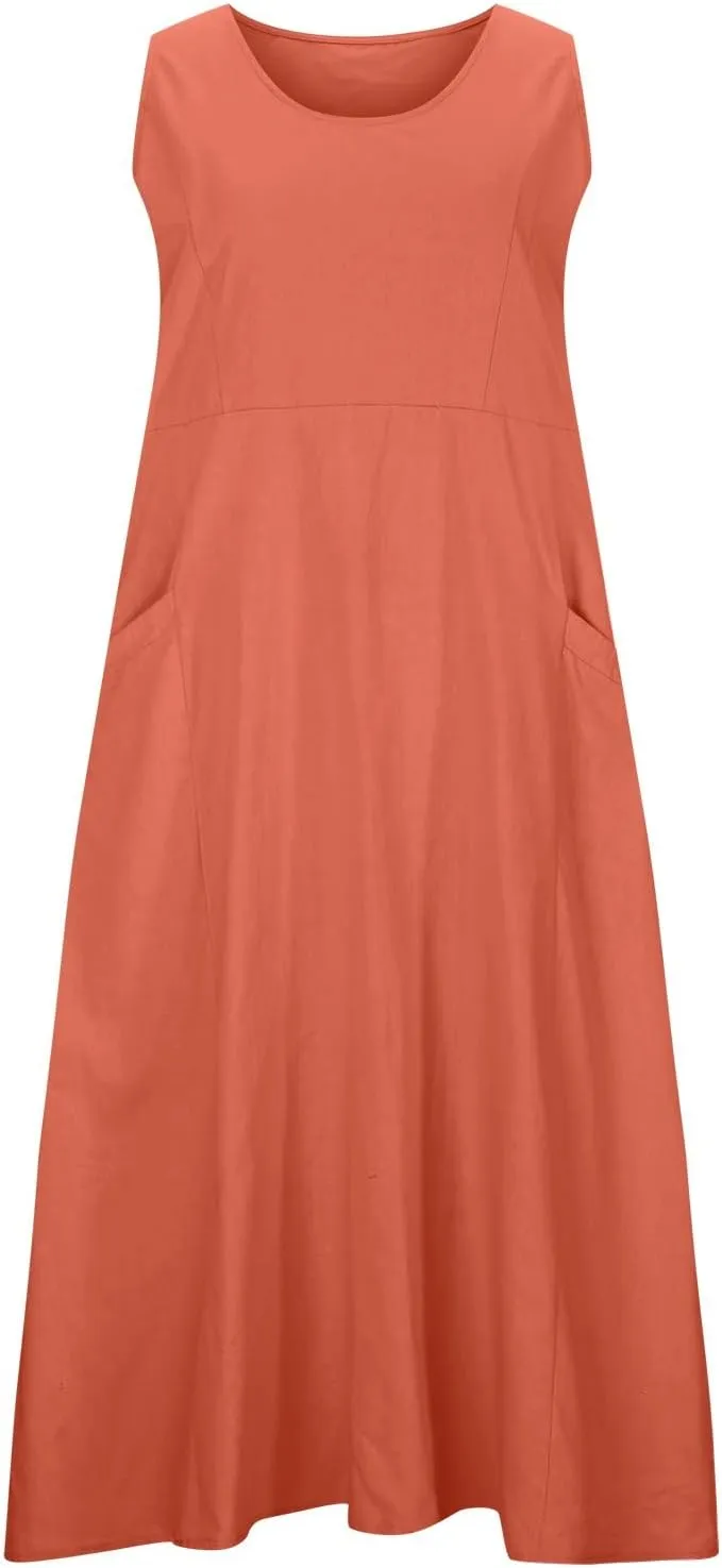 Cotton Line Dresses for Women 2023 Casual Summer Sleeveless Beach Flowy Sundress with Pockets Loose Tank Dress