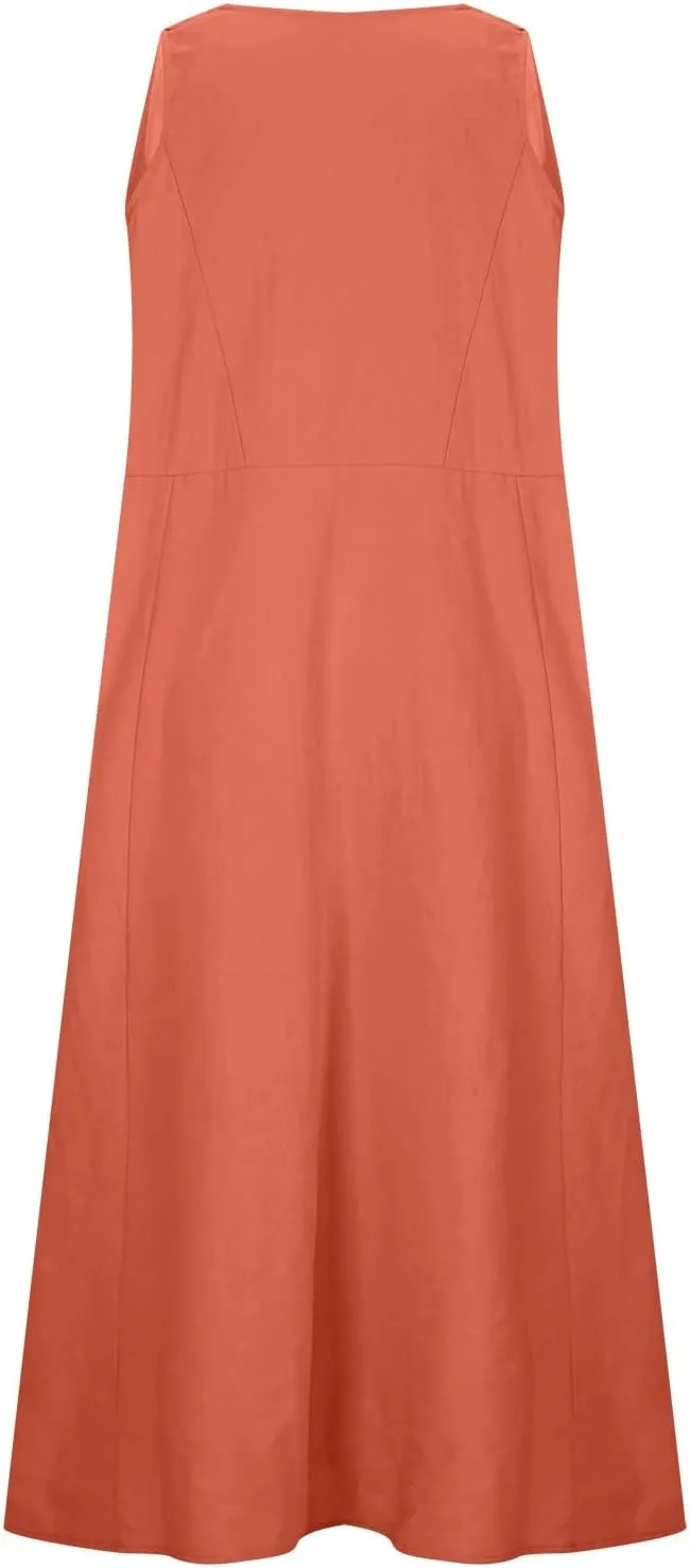 Cotton Line Dresses for Women 2023 Casual Summer Sleeveless Beach Flowy Sundress with Pockets Loose Tank Dress