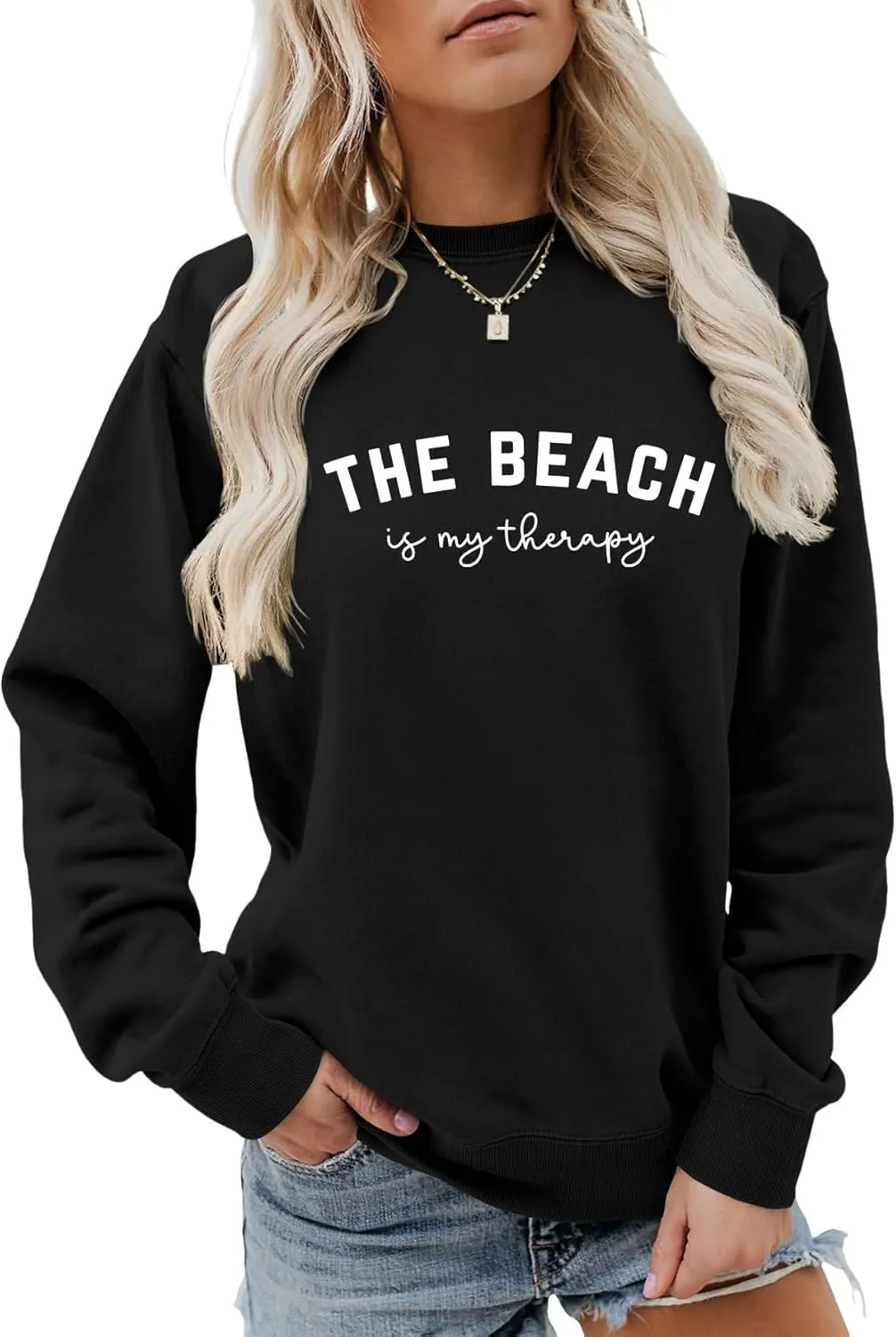 Crewneck Sweatshirt for Women Pullover, The Beach Is My Therapy Loose Fit Long Sleeve Shirts Graphics Tops