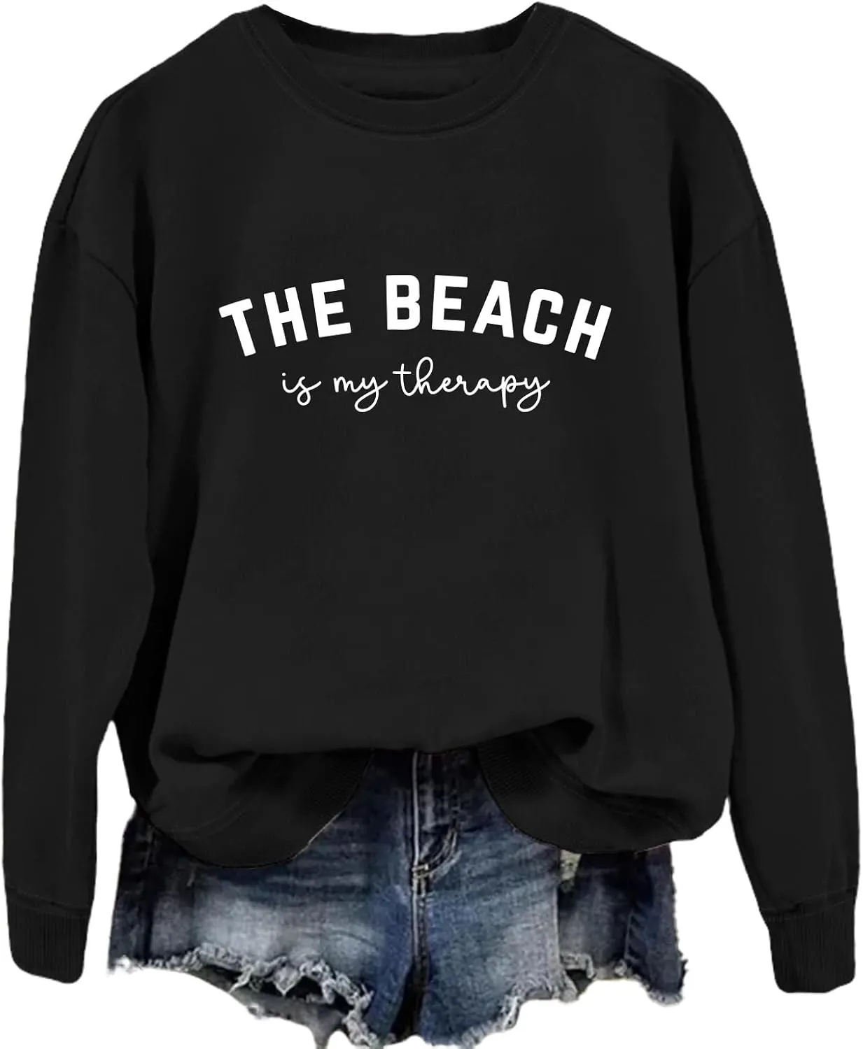 Crewneck Sweatshirt for Women Pullover, The Beach Is My Therapy Loose Fit Long Sleeve Shirts Graphics Tops