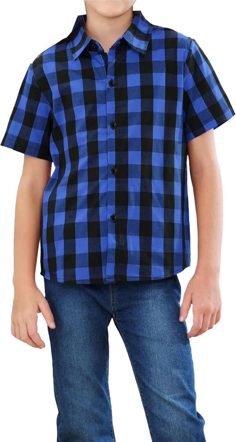 Cromoncent Boys and Mens Summer Plaid Shirt Casual Short Sleeve Button Down Shirts