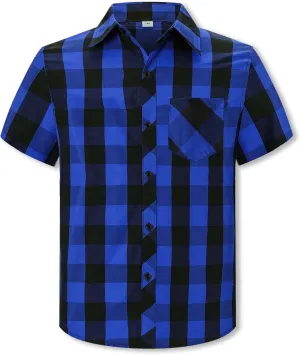 Cromoncent Boys and Mens Summer Plaid Shirt Casual Short Sleeve Button Down Shirts