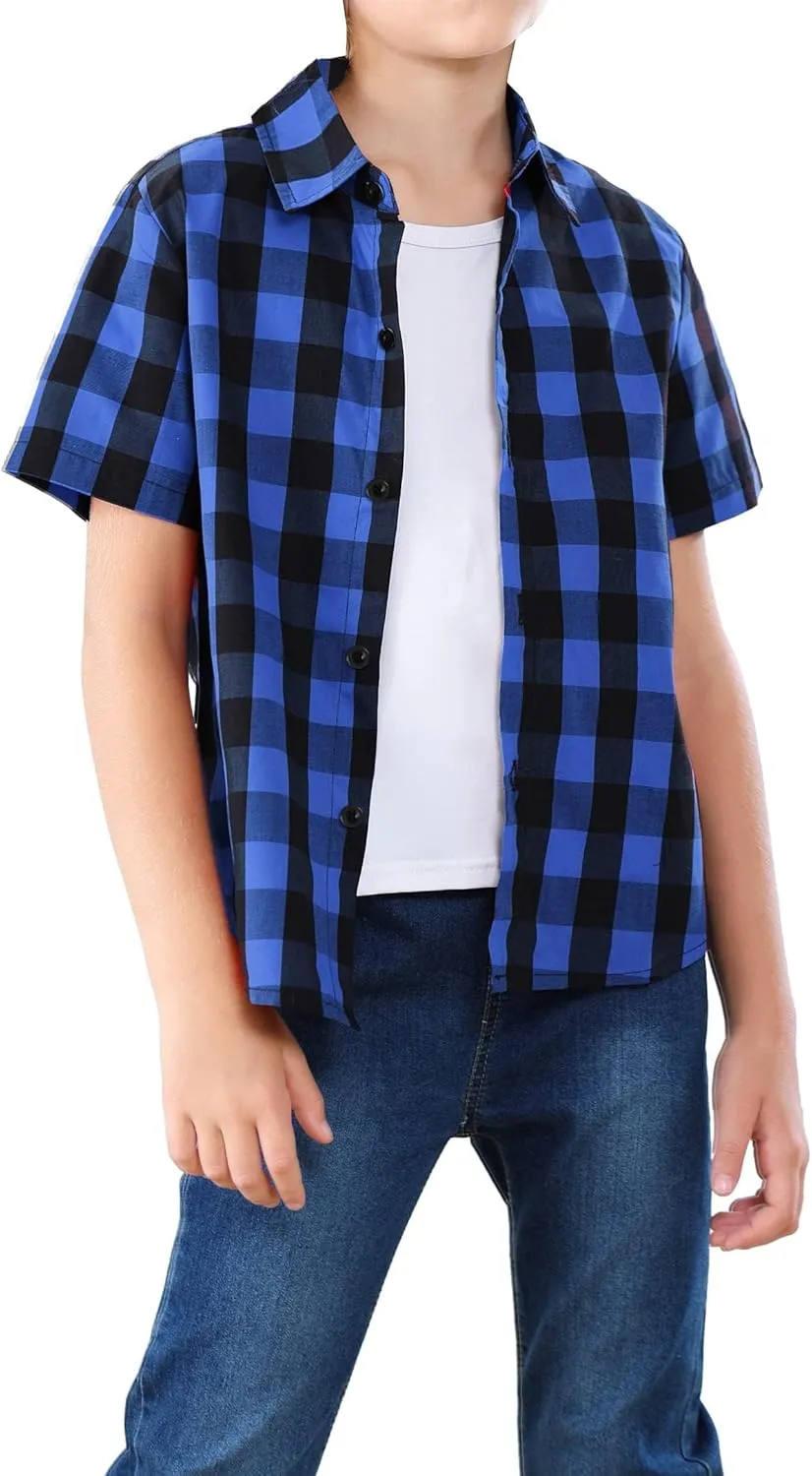 Cromoncent Boys and Mens Summer Plaid Shirt Casual Short Sleeve Button Down Shirts