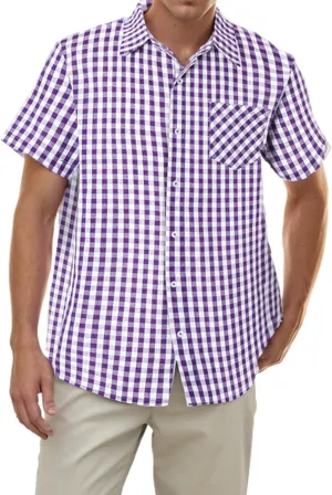 Cromoncent Boys and Mens Summer Plaid Shirt Casual Short Sleeve Button Down Shirts