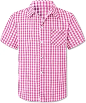 Cromoncent Boys and Mens Summer Plaid Shirt Casual Short Sleeve Button Down Shirts