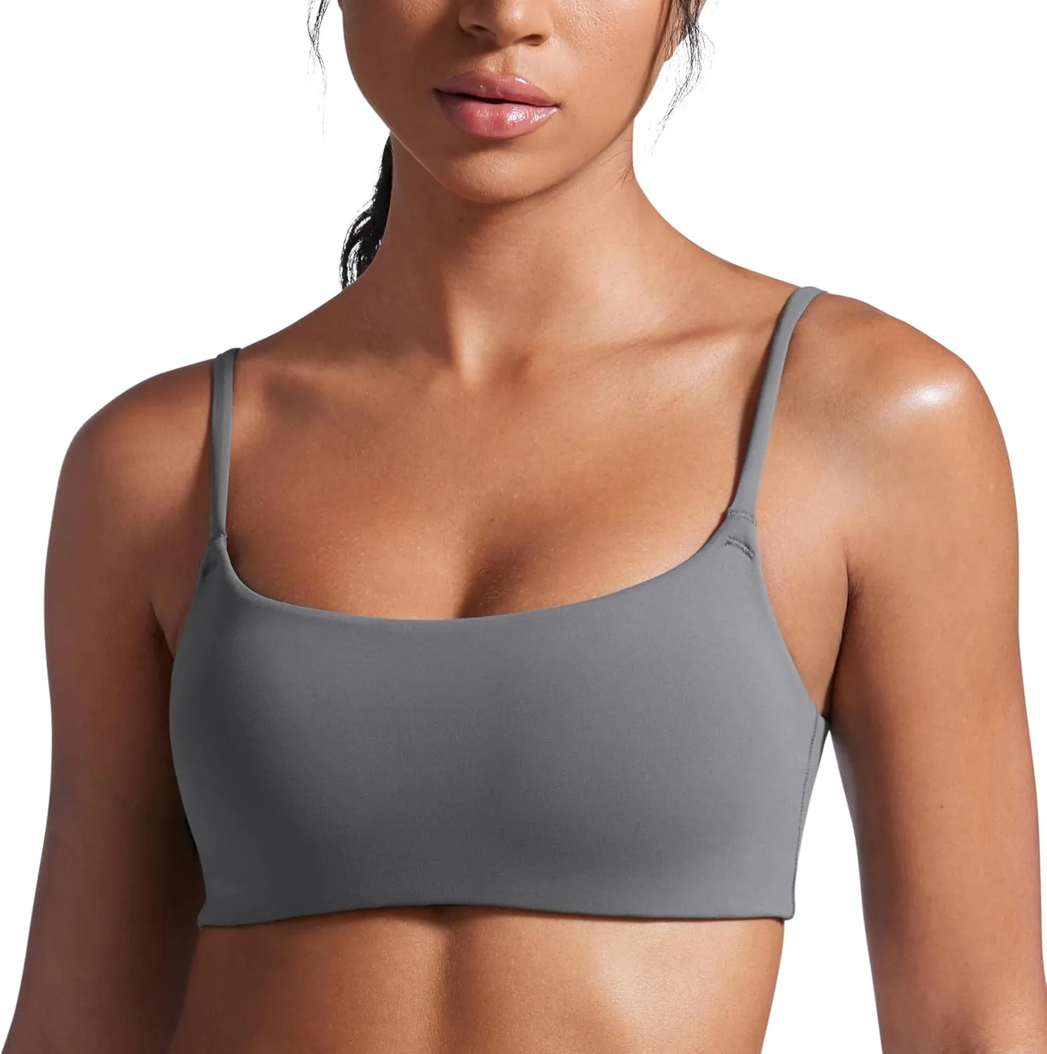 CRZ YOGA Butterbreeze Scoop Neck Sports Bras for Women - Spaghetti Straps Wireless Workout Padded Gym Cami Top