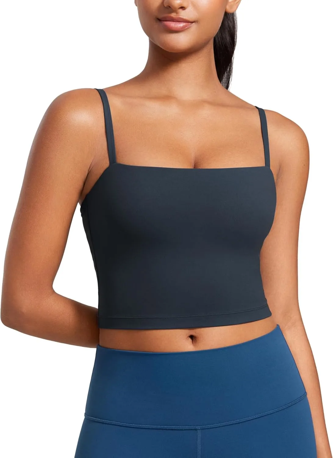 CRZ YOGA Butterluxe Cami Longline Sports Bras for Women - Square Neck Adjustable Padded Workout Crop Tank Top Camisole
