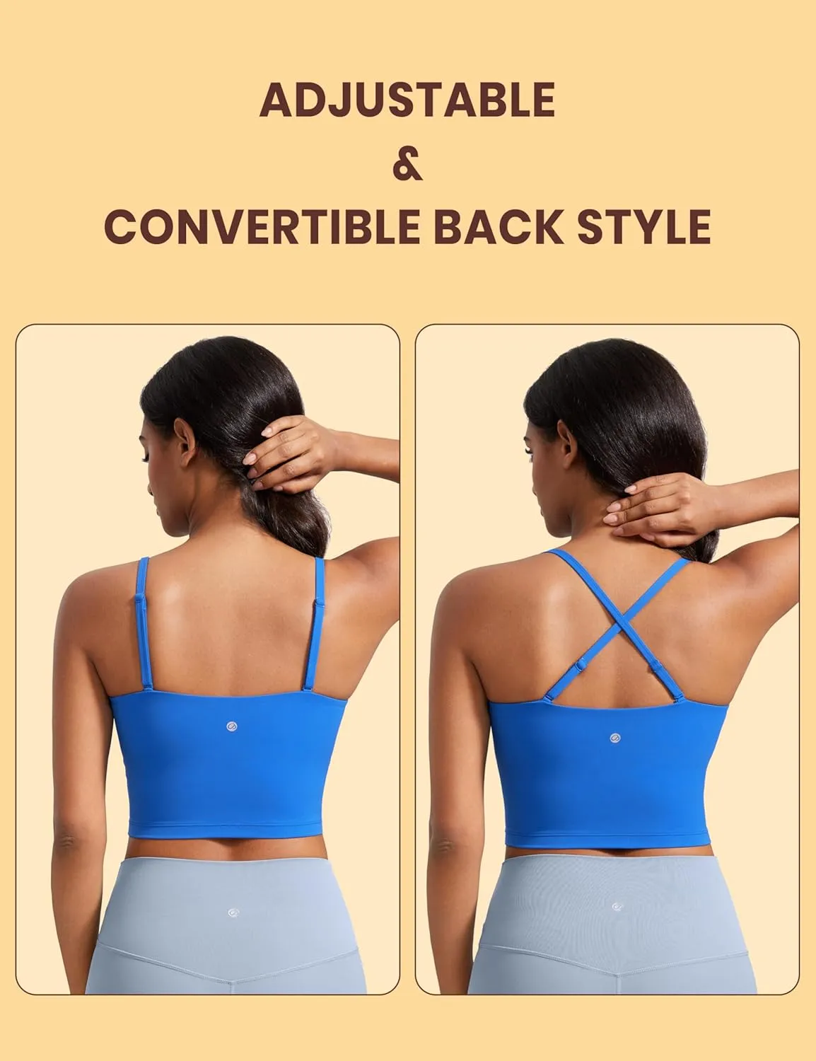 CRZ YOGA Butterluxe Cami Longline Sports Bras for Women - Square Neck Adjustable Padded Workout Crop Tank Top Camisole
