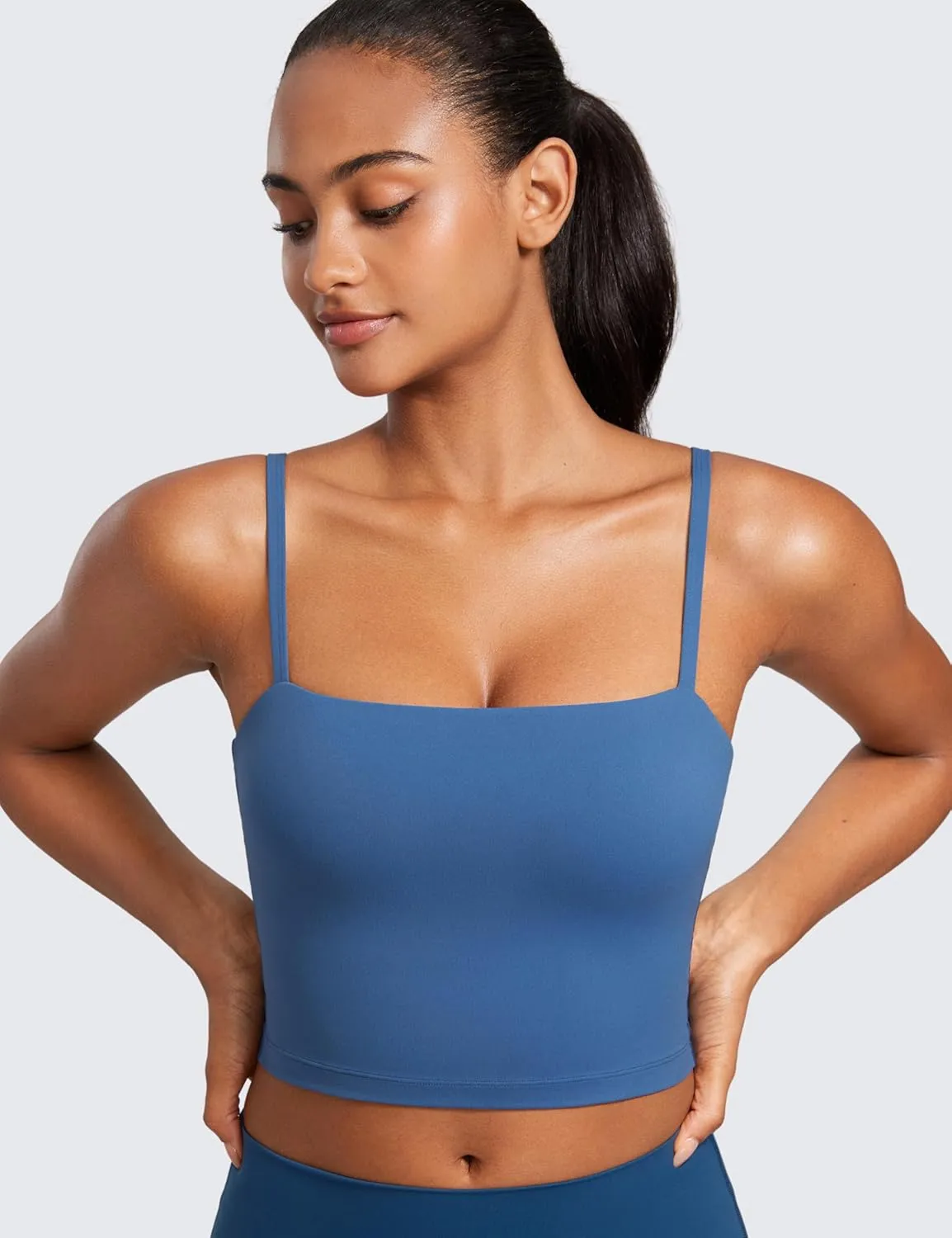 CRZ YOGA Butterluxe Cami Longline Sports Bras for Women - Square Neck Adjustable Padded Workout Crop Tank Top Camisole