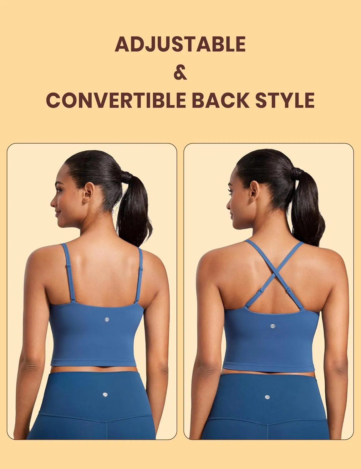 CRZ YOGA Butterluxe Cami Longline Sports Bras for Women - Square Neck Adjustable Padded Workout Crop Tank Top Camisole